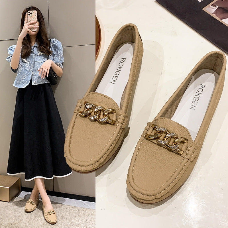 Spring And Autumn New Women's Korean-style Round Toe Low Heel Metal Chain Casual Outdoor