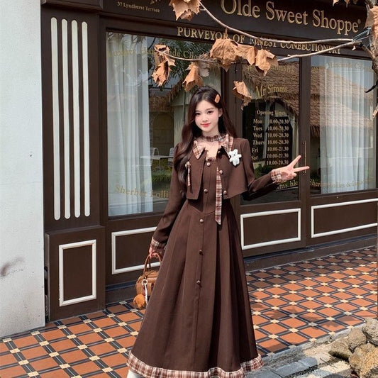 French Retro Womens AutumnWinter Plaid Blazer Dress Two-Piece Set