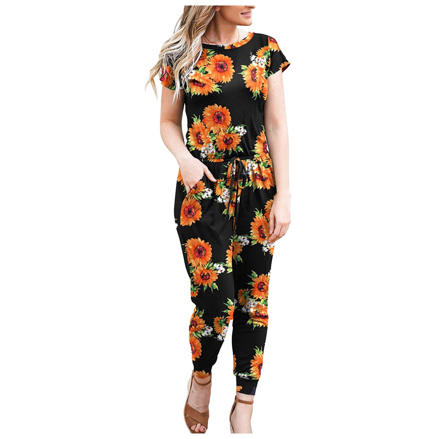 Women's Short Sleeve Printed Stretch Jumpsuit Women