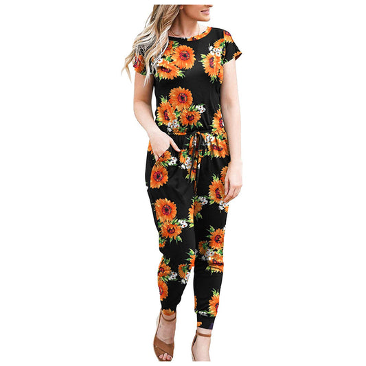 Women's Short Sleeve Printed Stretch Jumpsuit Women