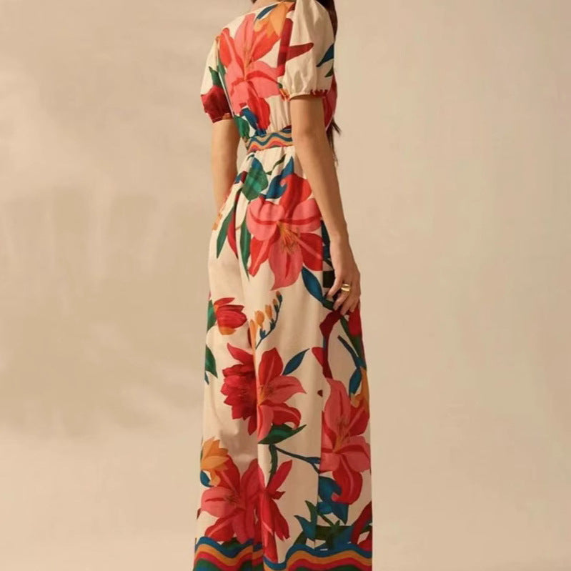 Women's Deep V-neck Printed Fashion Wide-leg Jumpsuit