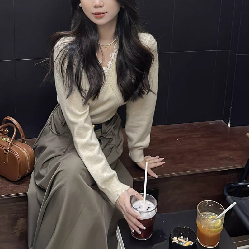 Lace V-neck Solid Color Women's Long Sleeve Sweater