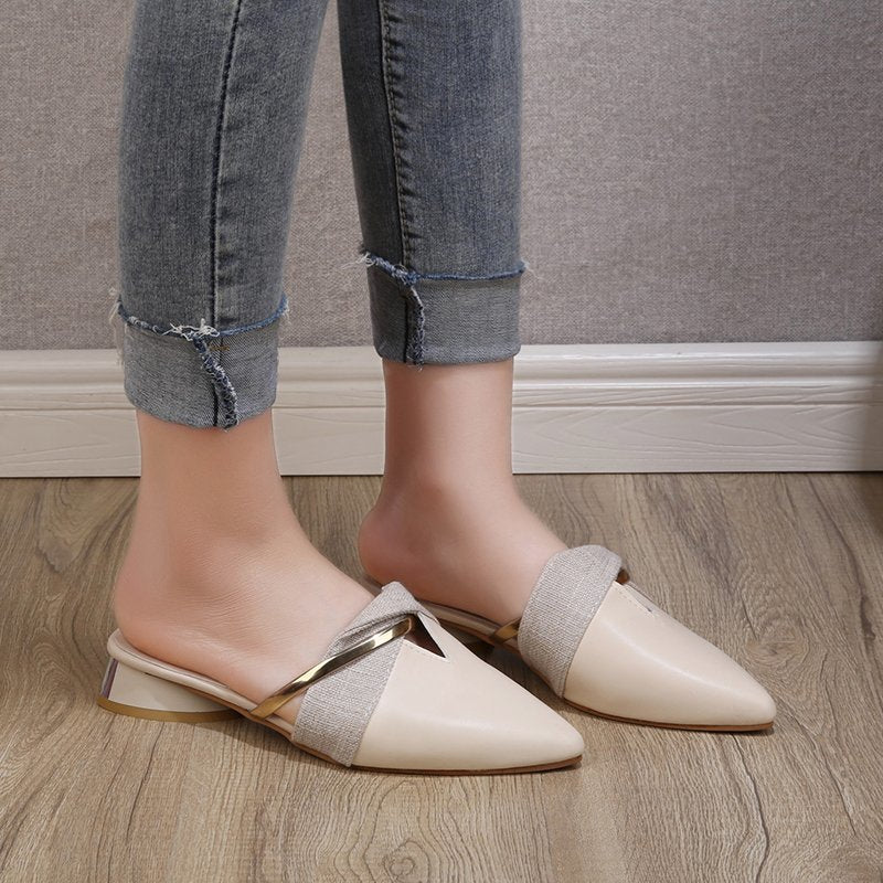 Baotou Half Slippers Pointed Toe Thick Heel Shoes Fairy Style Casual Sandals