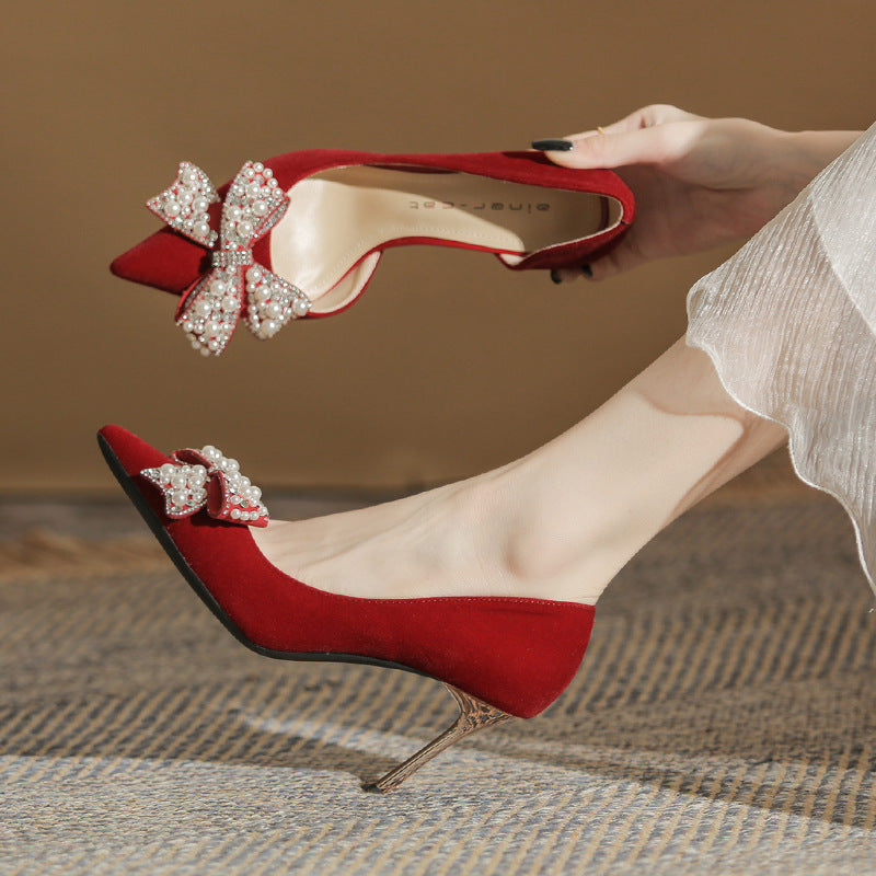 Women's Stiletto Heel Pointed Toe Side Empty Rhinestone Bow Pumps