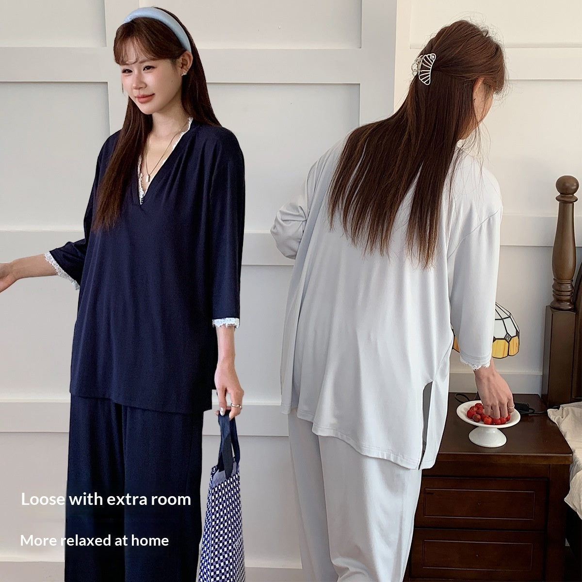 Spring Summer V-Neck Pajama Set With Chest Pads Lace Luxurious Feel Comfortable And Skin-Friendly Loungewear