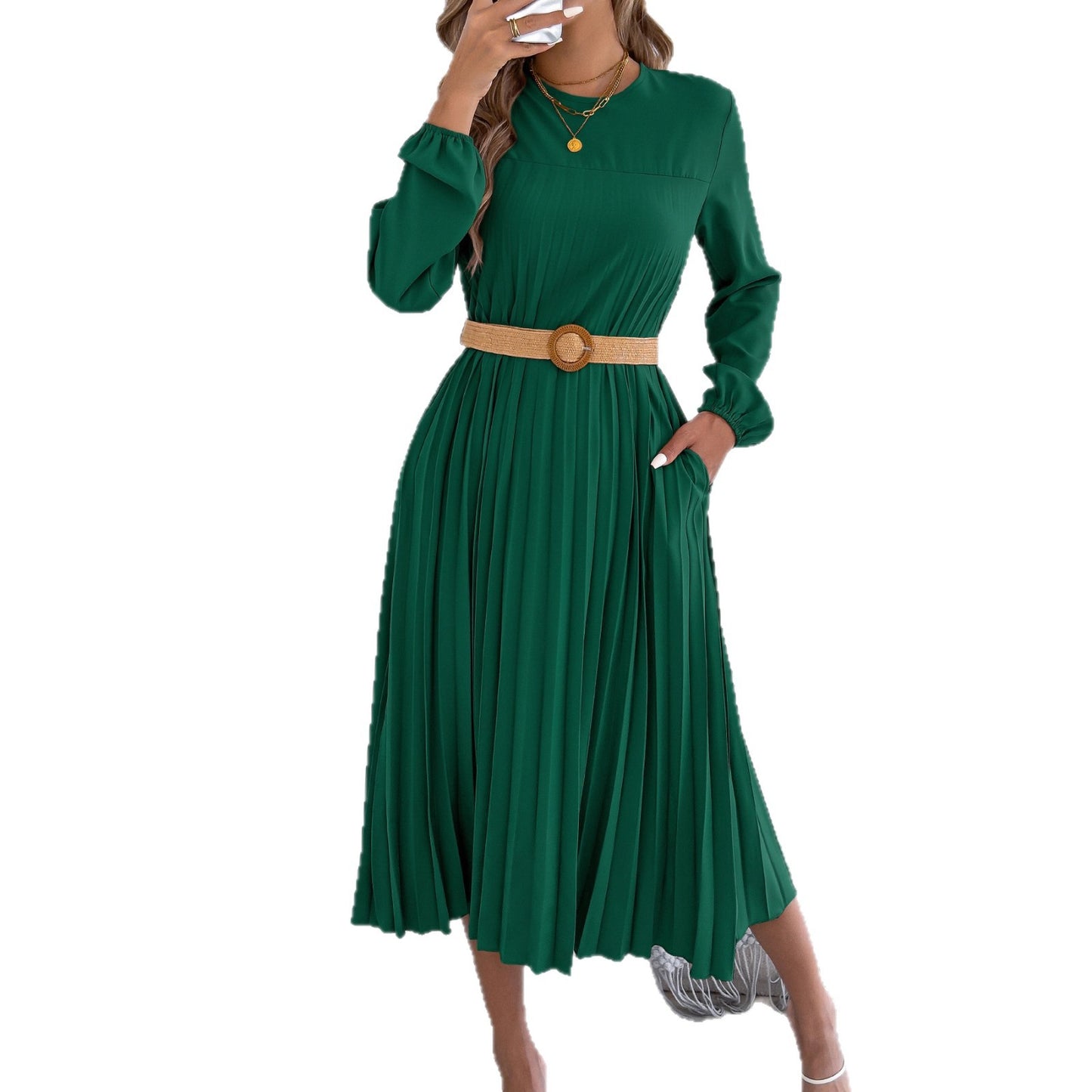 Casual Solid-color Long-sleeve Pocket Pleated Dress