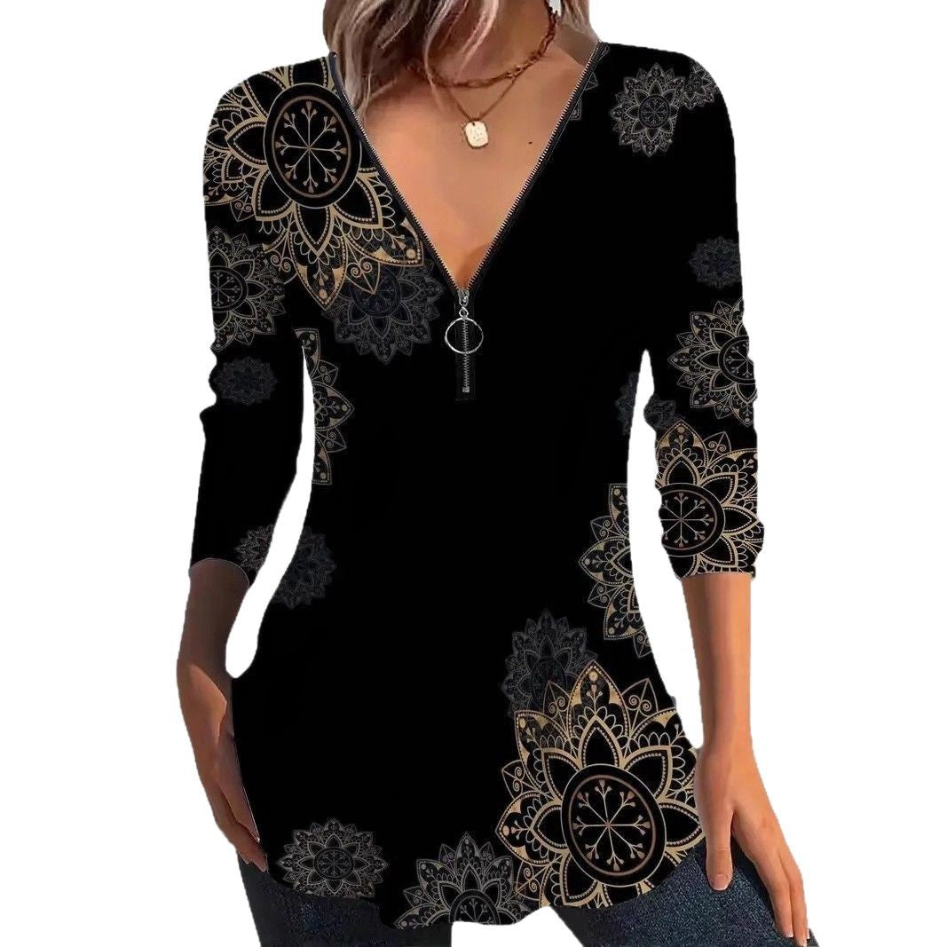 V-neck Zipper Floral Print Long Sleeve Women's Top