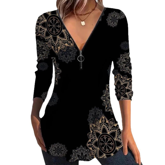 V-neck Zipper Floral Print Long Sleeve Women's Top