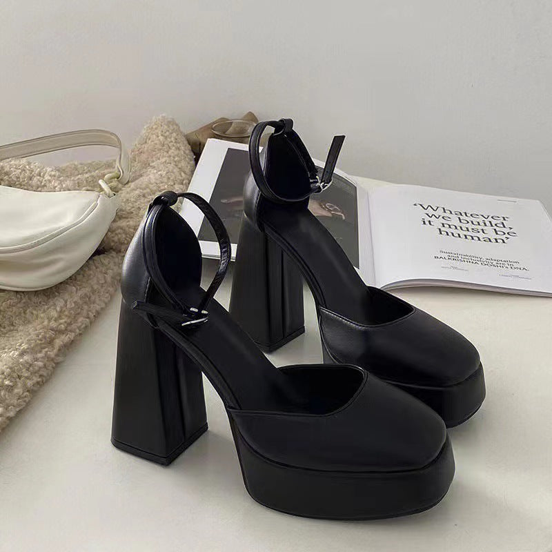 Platform Square Toe Buckle Chunky Heel High Heels
