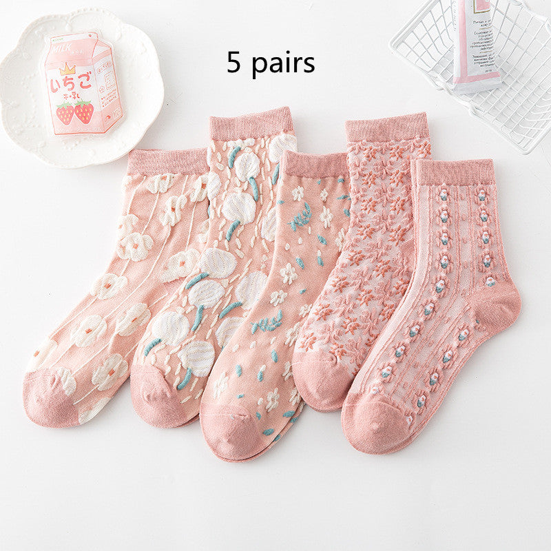 Cotton Socks Embossed  Three-dimensional Small Flower Socks