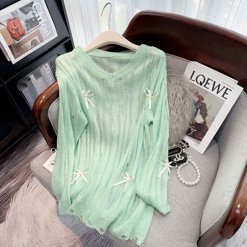 Irregular Hollow-out Blouse Bowknot Knitted Sweater