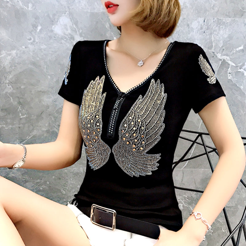 Trendy European Style Heavy Duty Zipper Cotton Short Sleeved T-shirt For Women