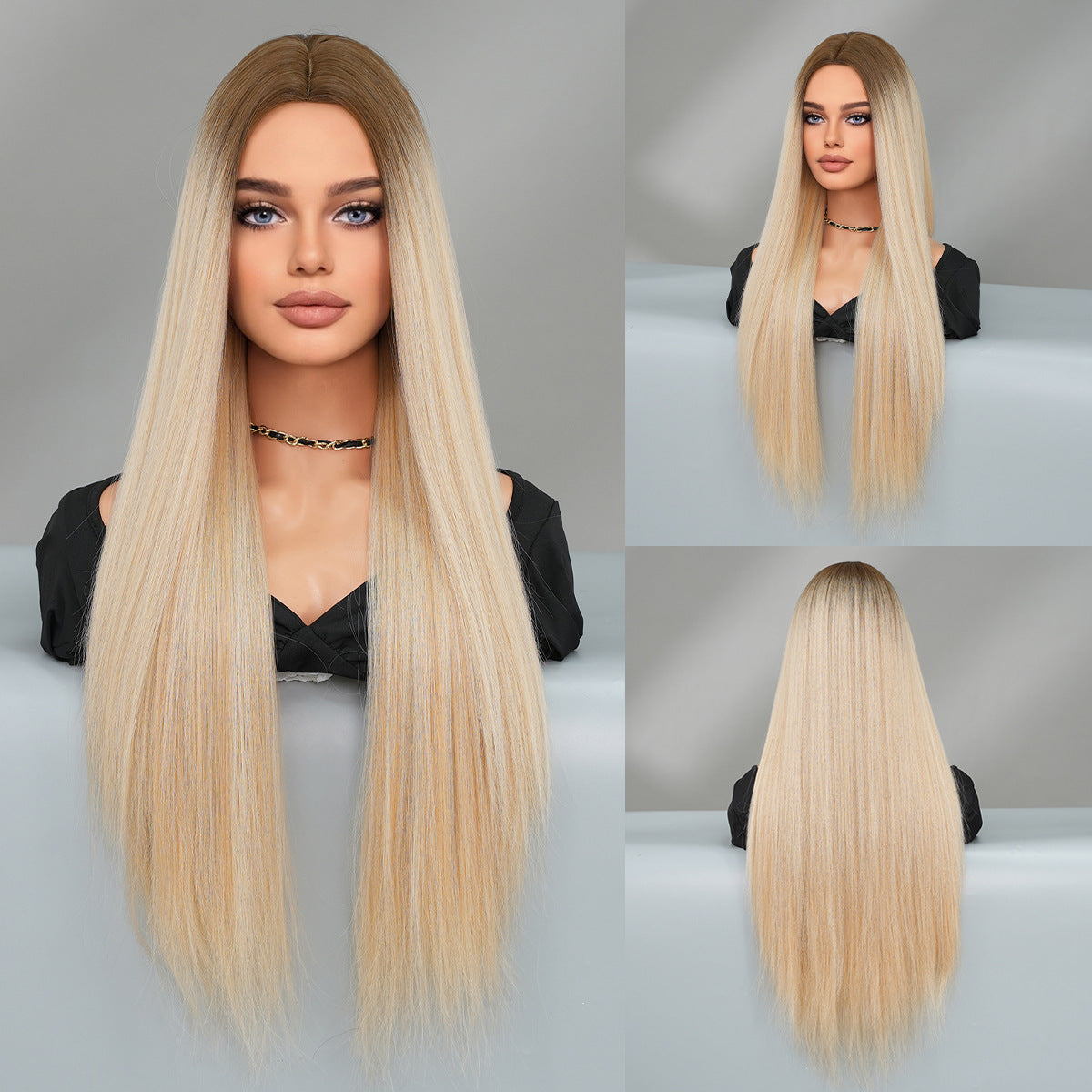 Super Long Medium Straight Hair Full-head Wig Natural Gold Gradient Chemical Fiber Wig