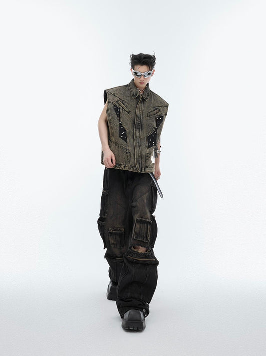 Metal Rivet Design Denim Vest Sleeveless Jacket