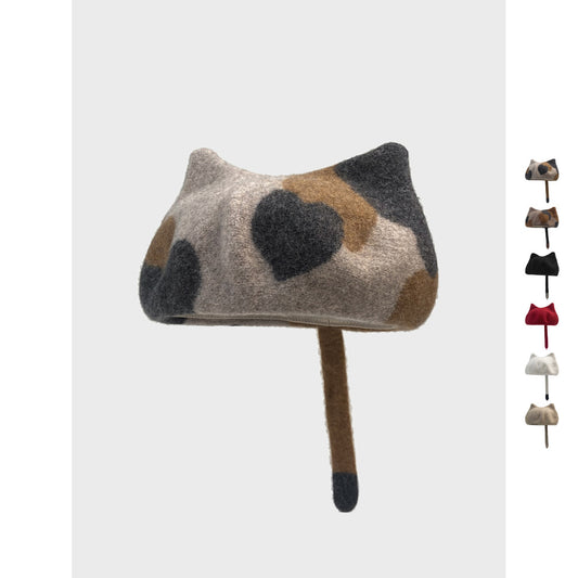 Cute Little Tail Cat Ears Wool Beret Fashion Octagonal Cap