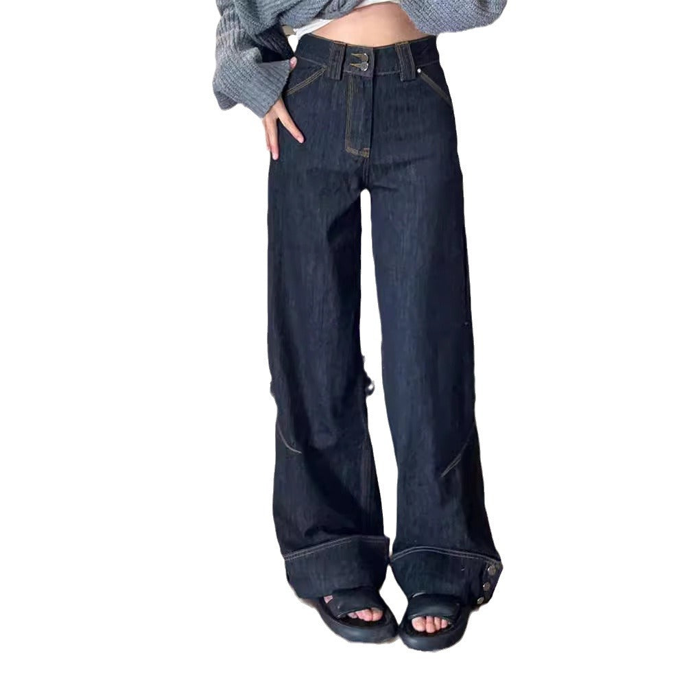 Retro High Street Denim Turn Over Button Straight Loose-fitting Mopping Pants Women