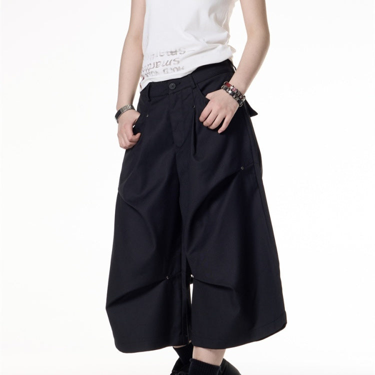 Rivet Pleated Loose-fitting Wide-leg Short Jumpsuit