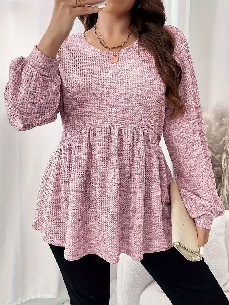 Long Sleeve Tie-dyed Printed Ruffled Hem Lantern Sleeve Round Neck T-shirt