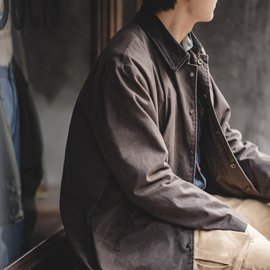Tooling Retro Lapel Oil Wax Windbreaker Coffee Color