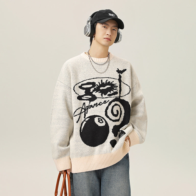 Plush American Hand Drawn Brocade Sweater Men's Autumn Winter Retro Loose