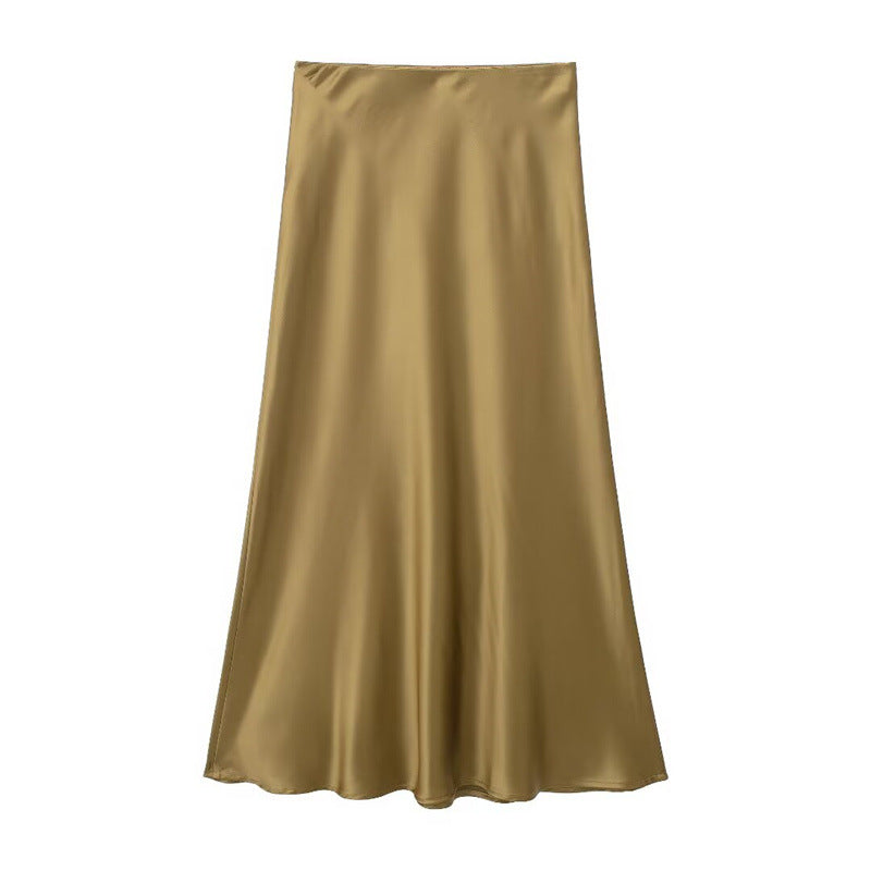 Solid Color Slim Silk Satin Texture Midi Skirt