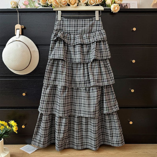 Sweet Retro Temperament Color-contrast Check Skirt For Women