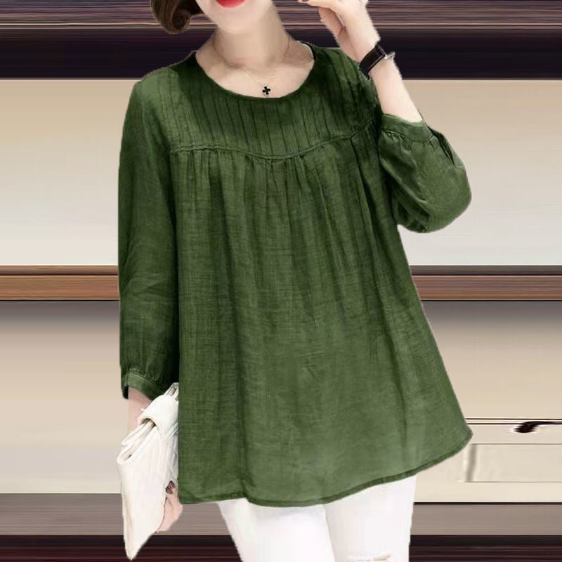 Cotton Round Collar Nine Quarter Sleeve Cotton Linen Shirt Women
