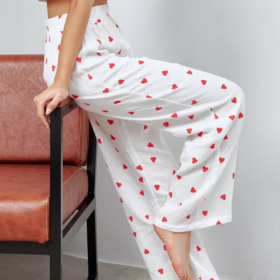 Heart-printed Crepe Cotton Pajama Pants And Short-sleeve Top Set