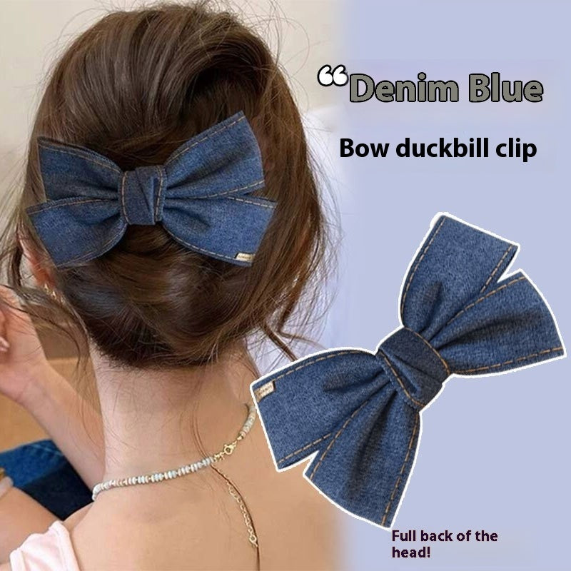 Back Head Blue Denim Bow Barrettes