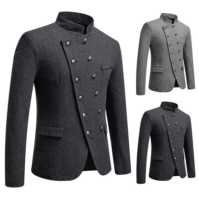 Business Slim-fitting Suit Stand Collar Double Breasted Oblique Placket Costume Men