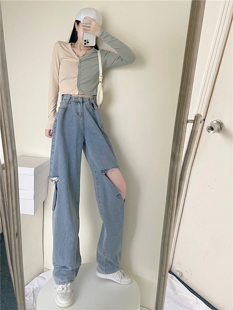 Ripped Jeans med Lige Pasform, Høj Talje og Løs Pasform, Flatterende