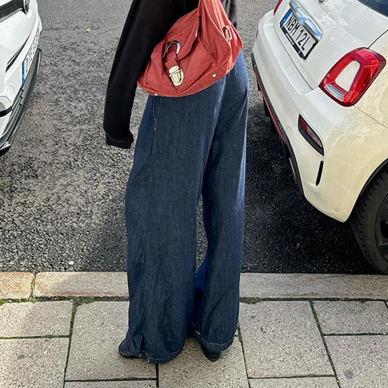 Retro Dark Blue High Waist Lace-up Jeans High Street Wide-leg Casual Pants
