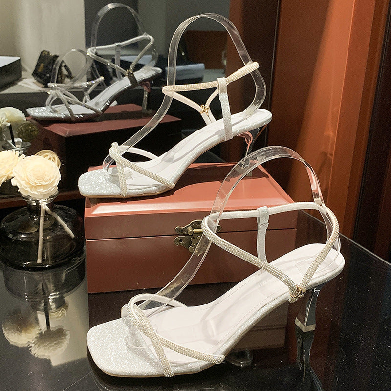 Women's Cross Buckle Rhinestone High Heel Sandals