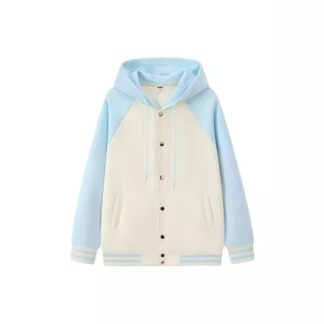 Trendy Cozy Cotton Color-blocked Loose-fitting Hooded Baseball Jacket For Fall And Winter
