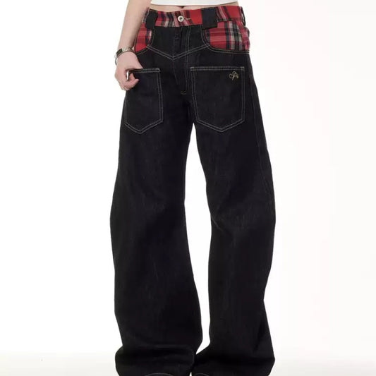 Retro Plaid Stitching Reverse Pocket Design Jeans