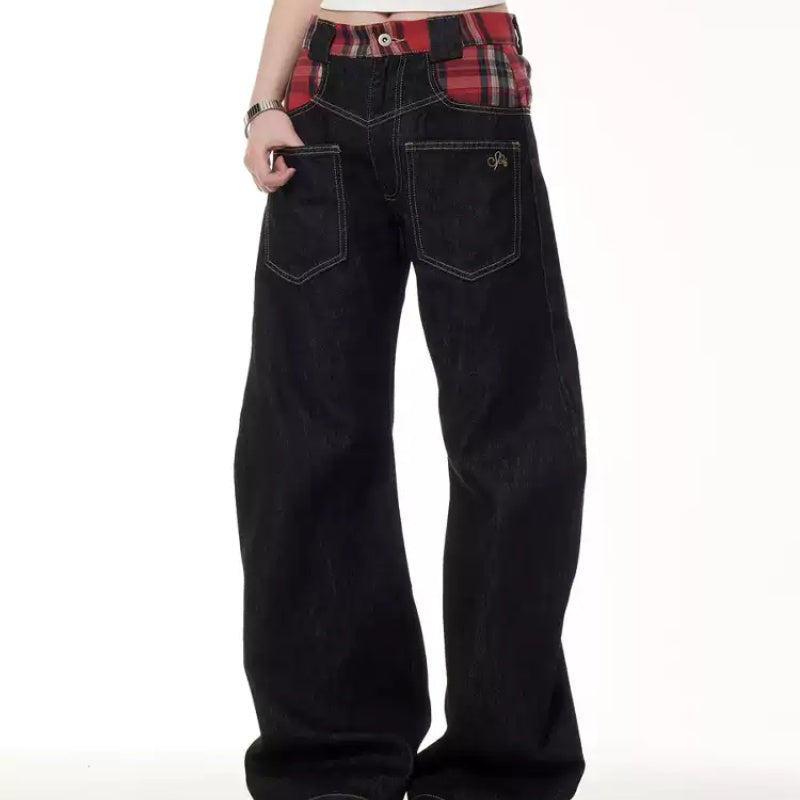 Retro Plaid Stitching Reverse Pocket Design Jeans