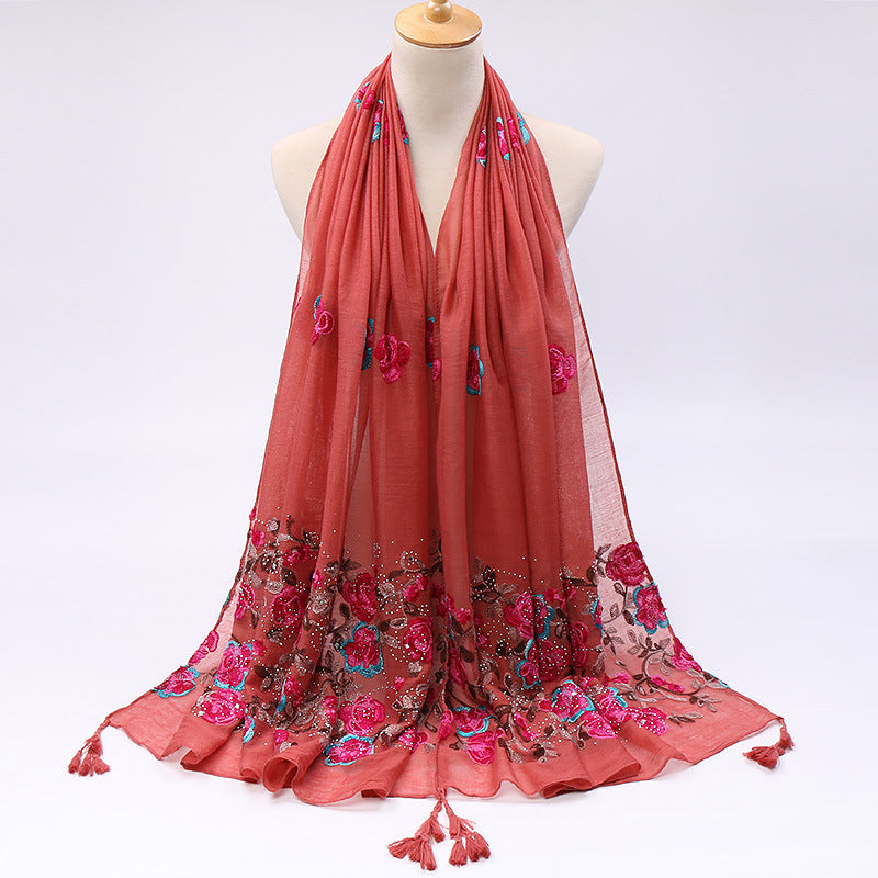 Pure Color Cotton And Linen Embroidered Hot Drilling Fringe Scarf