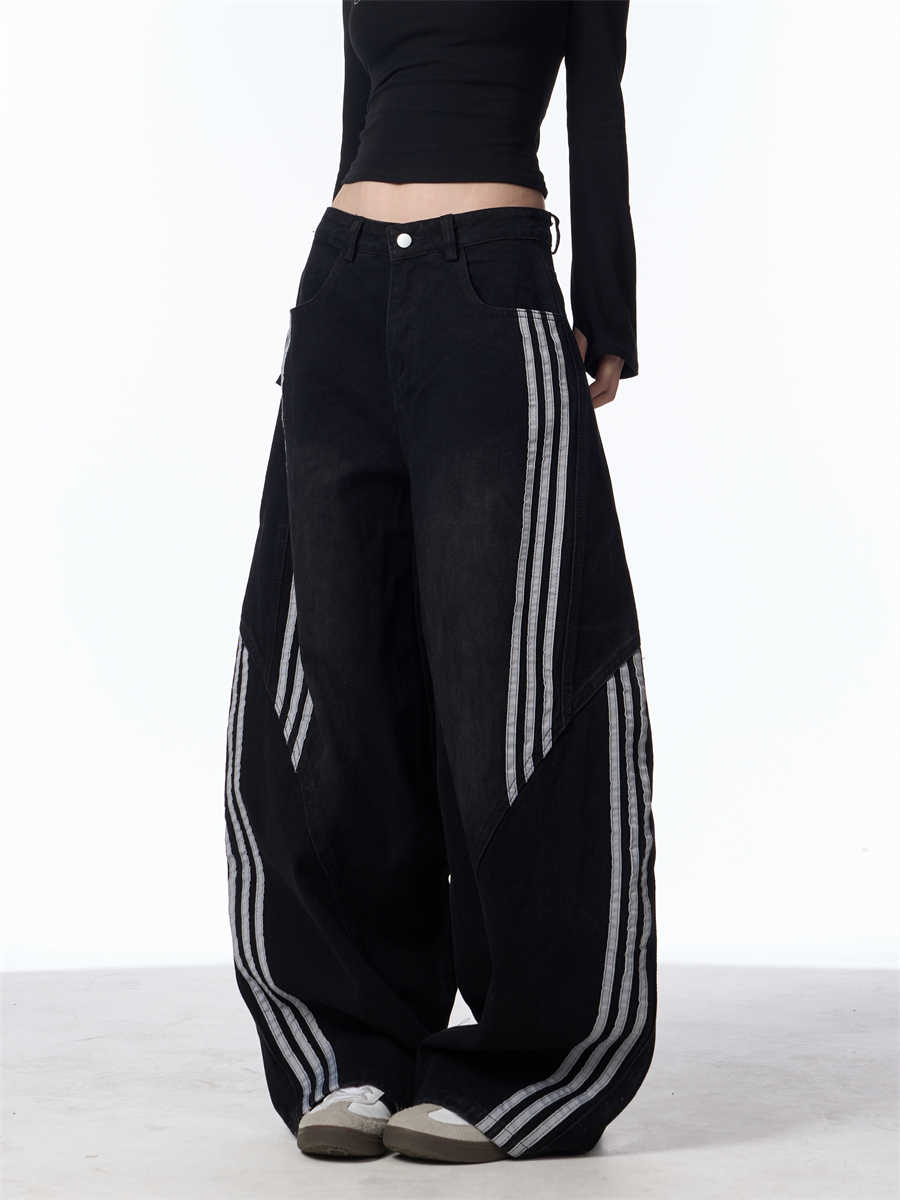 Retro Washed Jeans Women's Striped Stitching Wide-leg Pants