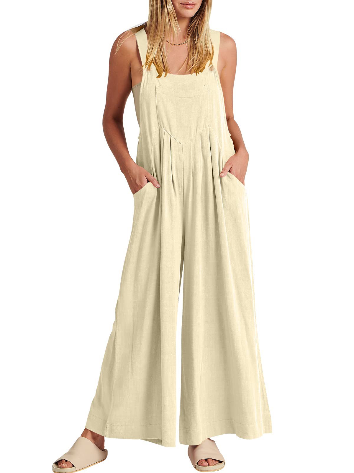 Women's Solid Color Loose Casual Cotton And Linen Suspender Jumpsuit