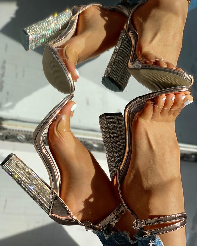 Fashion Rhinestone Pointed Thick Heel Buckle Strap  Toe Sexy Foreign Trade Sandals
