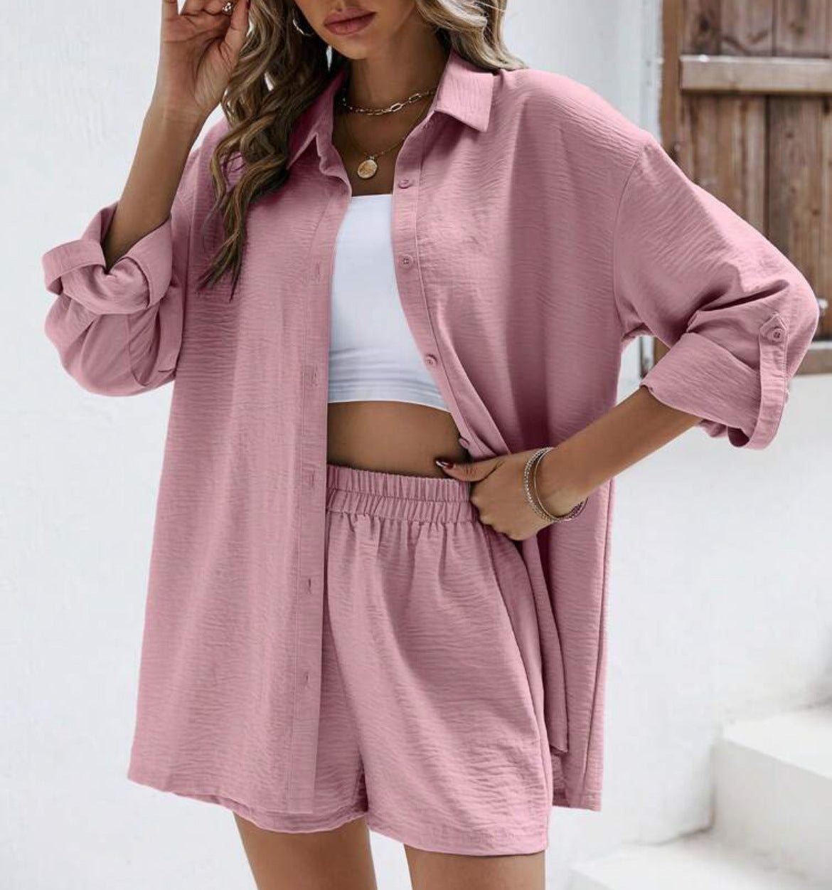 Spring Solid-Colored Lapel Long-Sleeve Shirt And Elastic High-Waist Shorts Casual Set