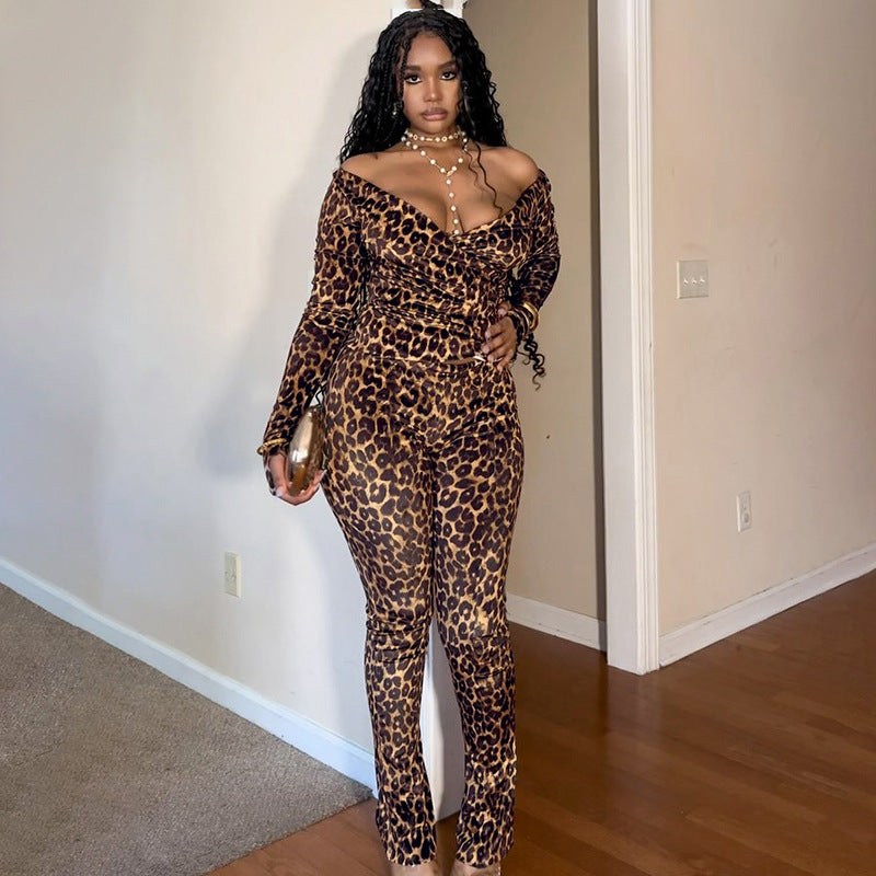 Deep-V-neck Bodysuit And High-waist Straight-leg Pants Set