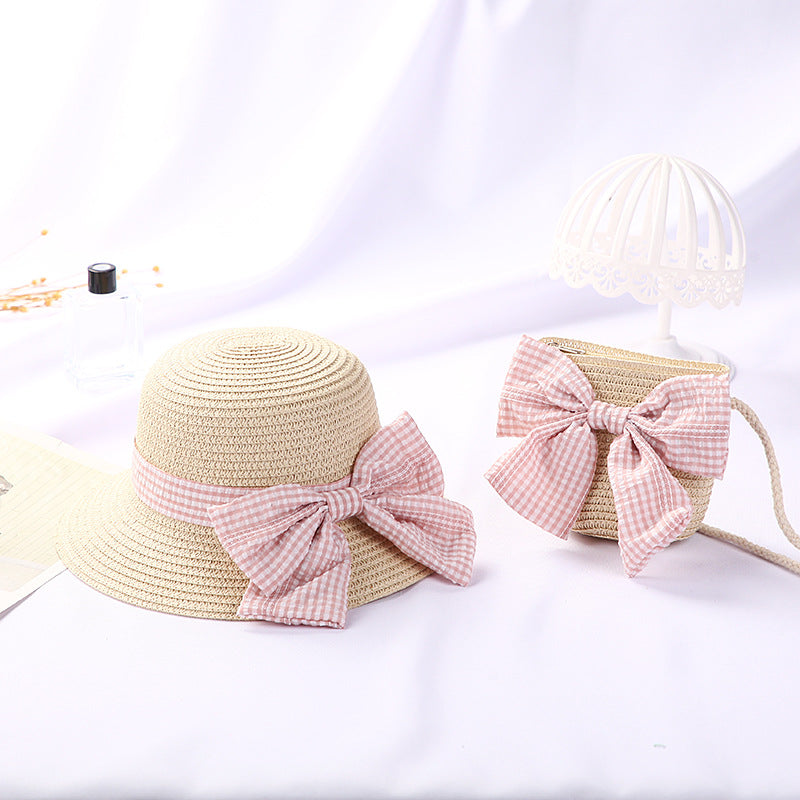 New Girls Big Bow Sun-proof Straw Hat Bag Set