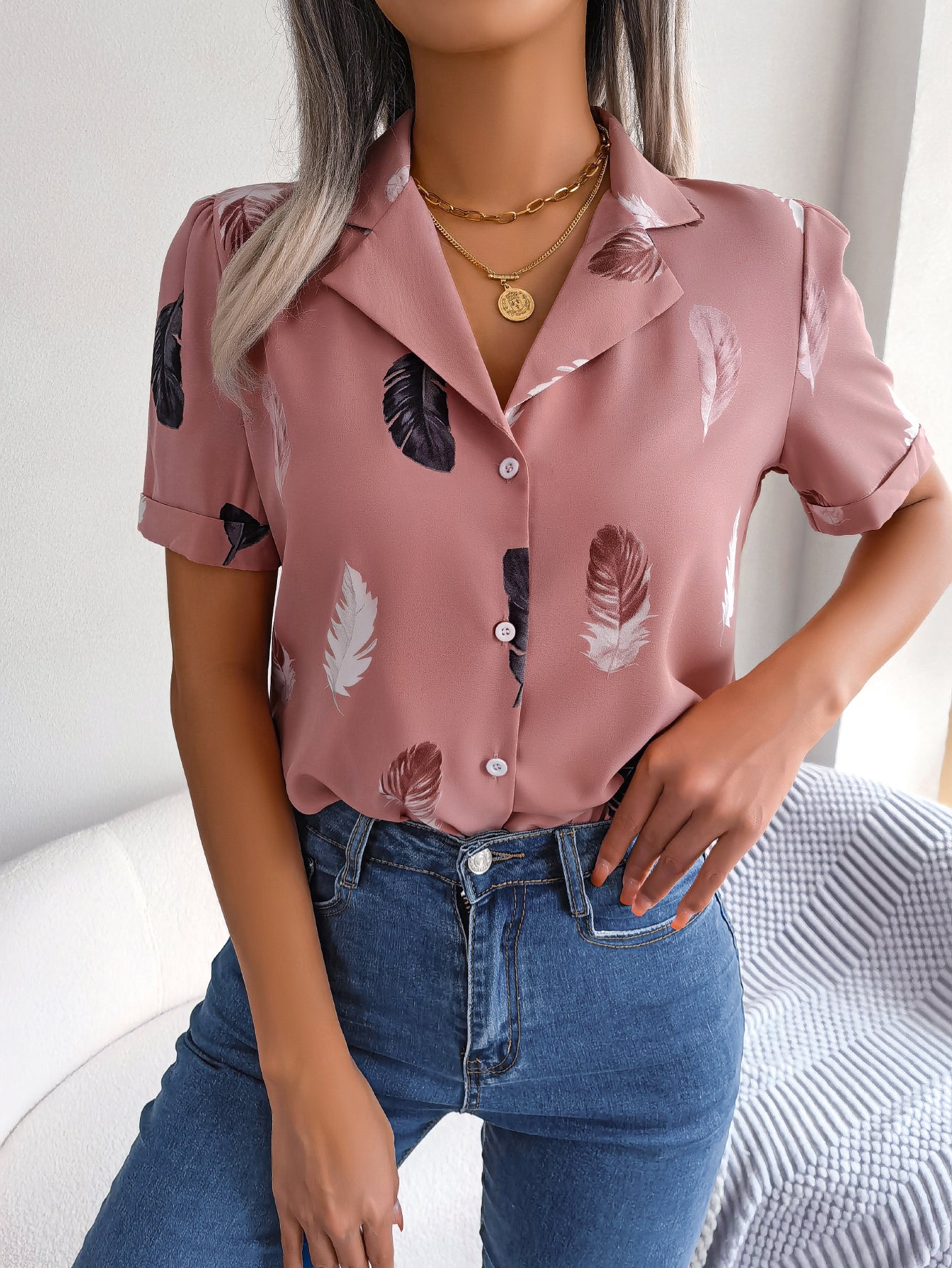 Women   Elegant Notched Lapel Feather Loose Short Sleeve Shirt