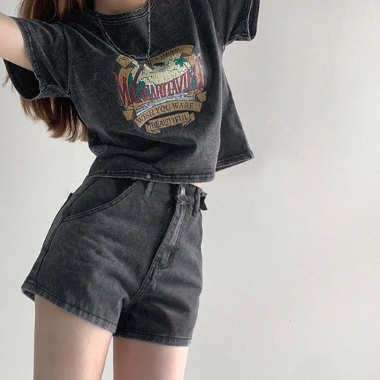 Women's Thin High Waist Cropped Navel Short Sleeve T-shirt