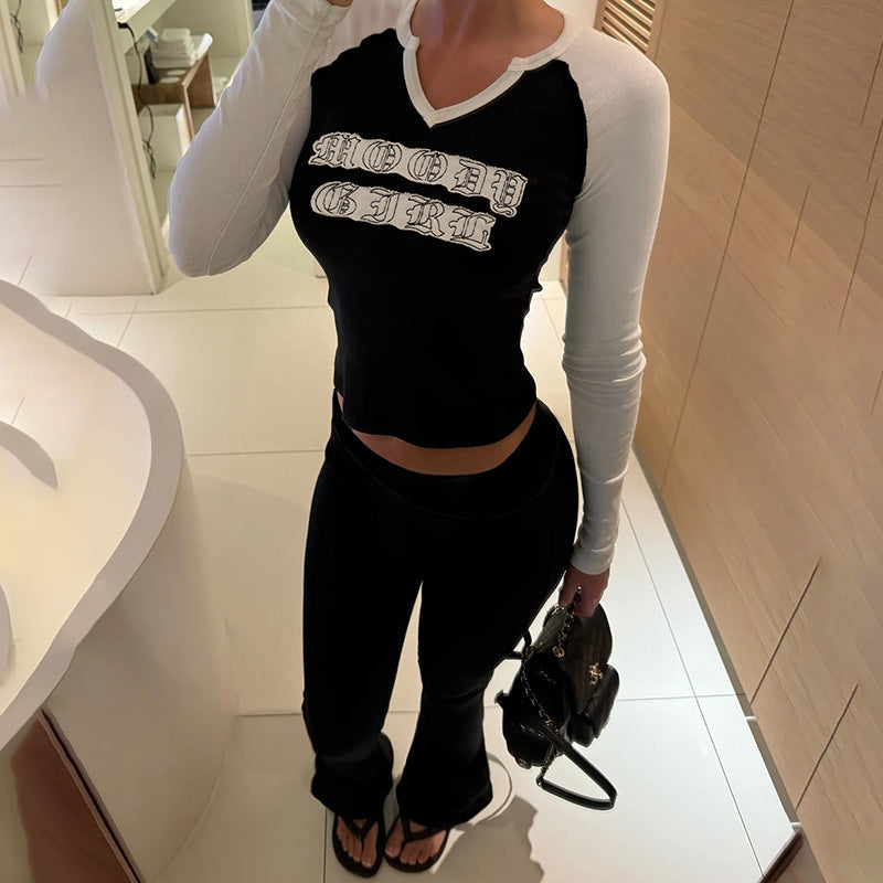 Printed Trendy Long-Sleeve T-Shirt And Flared Pants Set Casual Two-Piece Outfit