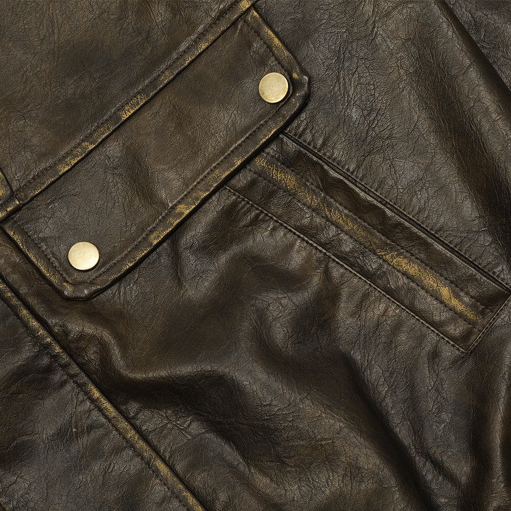 Vintage Distressed PU Leather Jacket Men's High Street