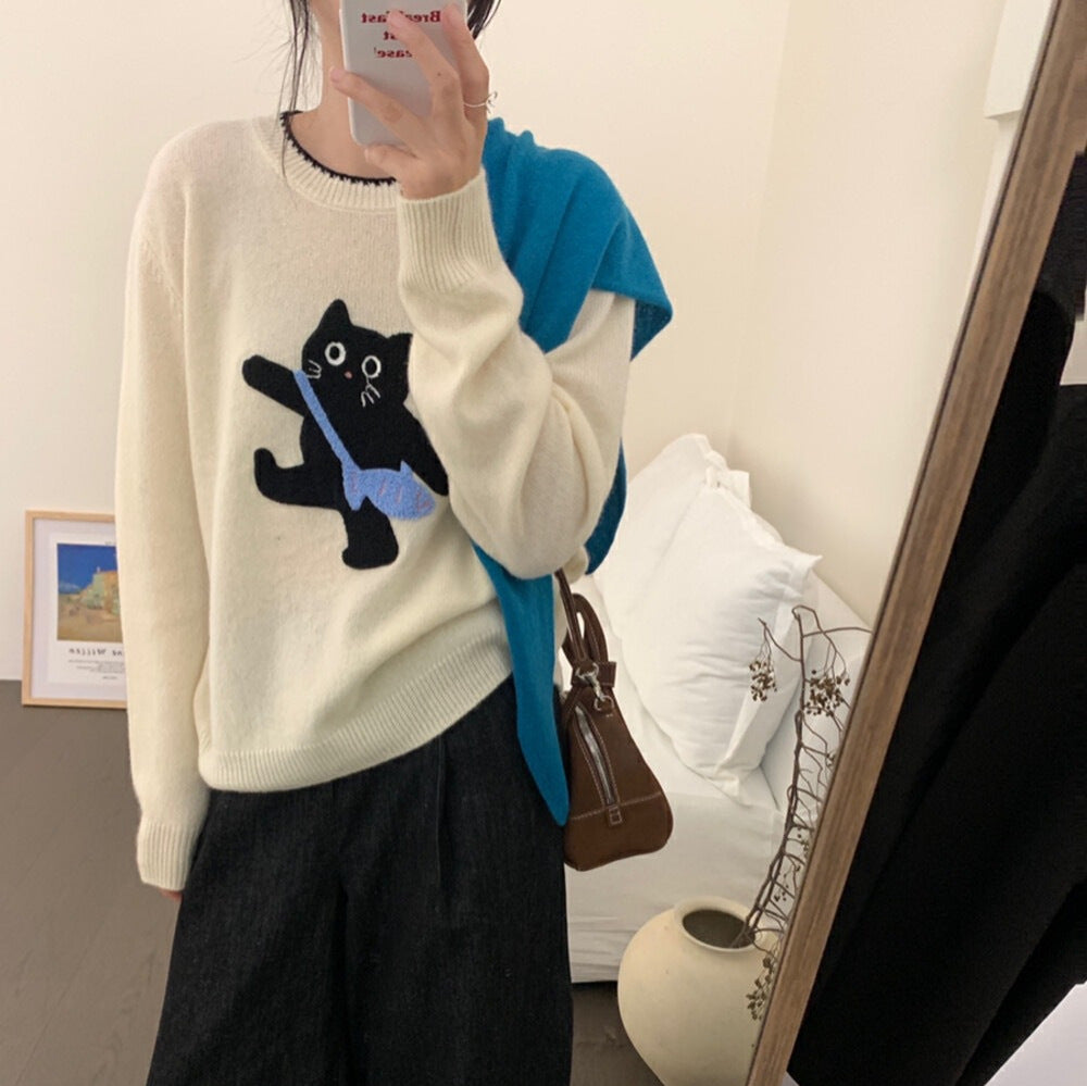 Women's All-match Cartoon Cat Round Neck Knitted Sweater