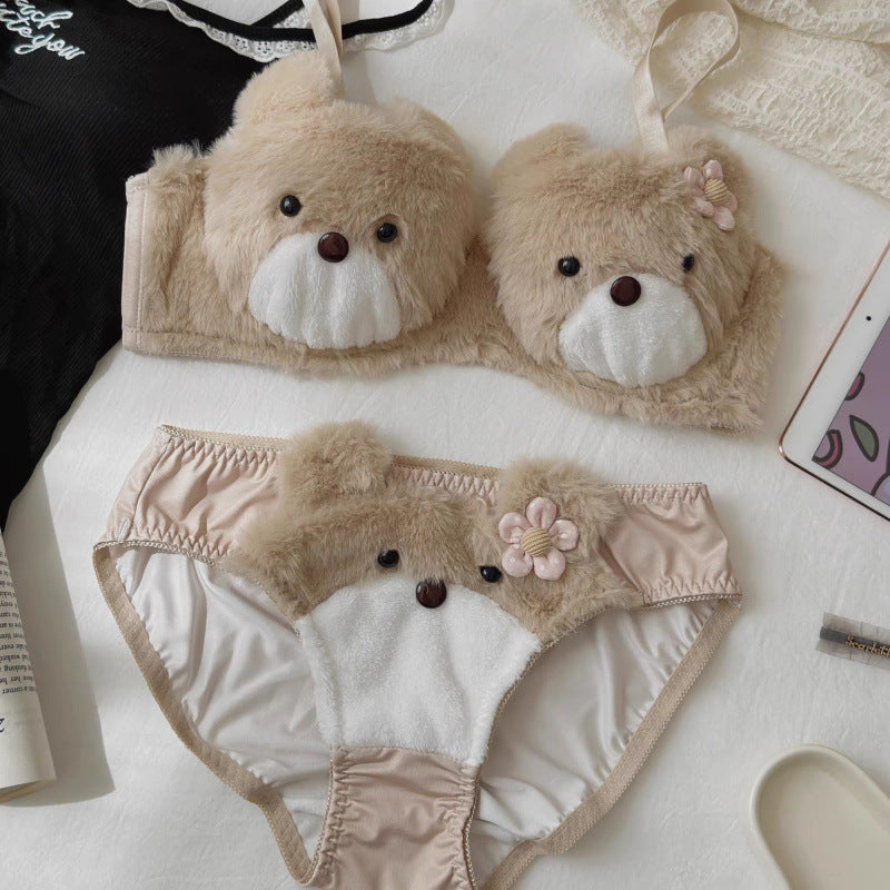 Plush Bear Bra Set Cute Cartoon Without Steel Ring