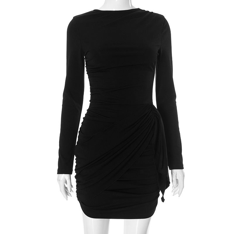 Side-pleated Ribbon-detail Figure-hugging High-waist Semi-formal Mini Dress